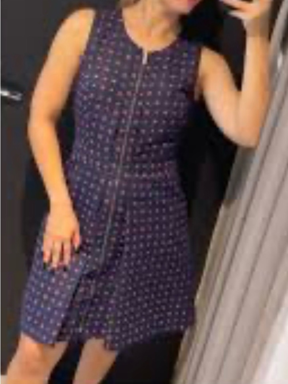 Tommy Hilfiger Sleeveless Navy Dress with Red Dot Print and Front Zip